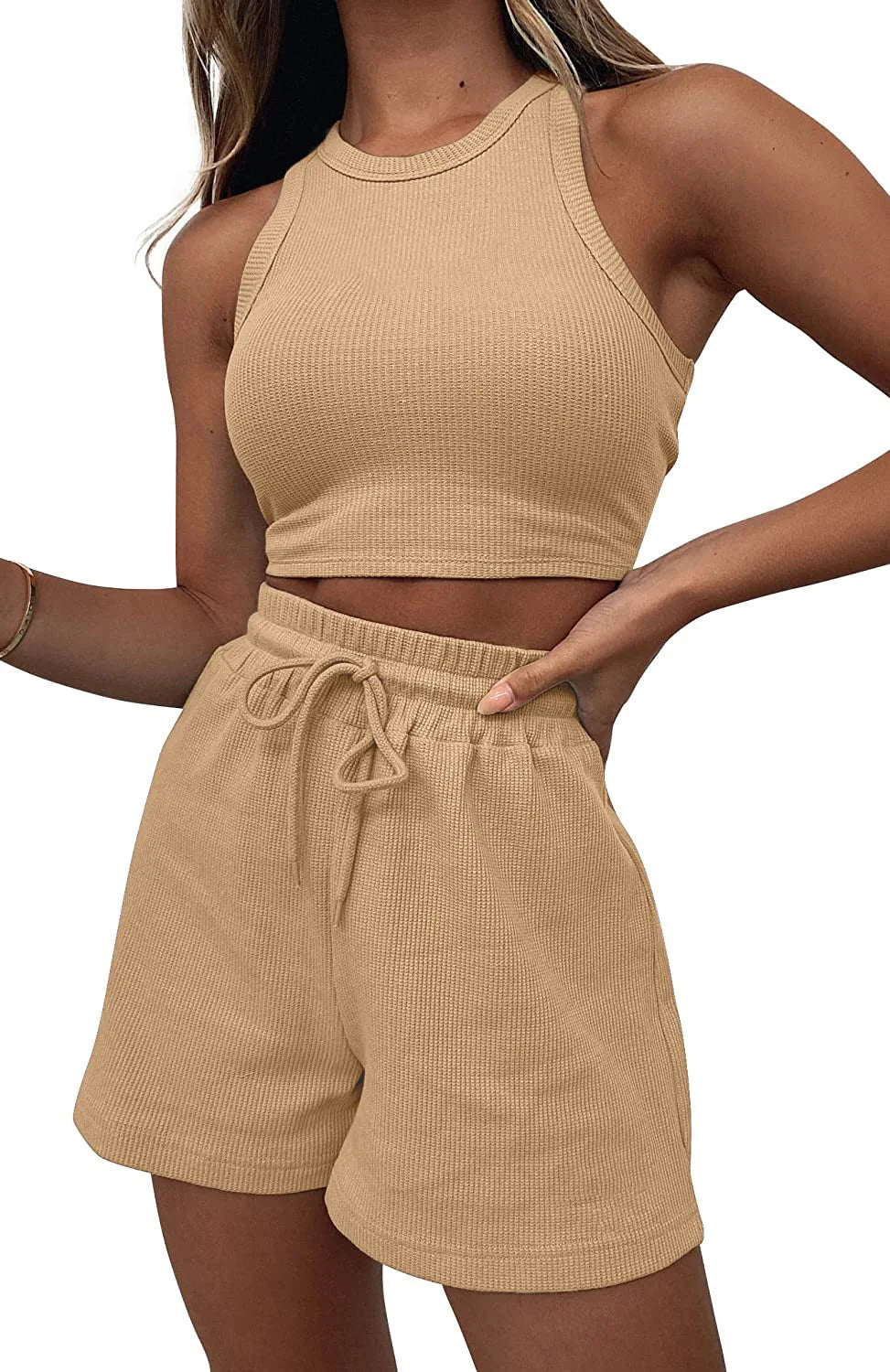 Women Shorts Outfit Solid Sleeveless Ribbed Crop Tank And Drawstring Shorts Casual Tracksuit Workout Set 2 Piece Lounge Set