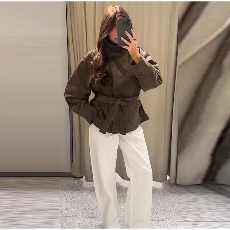 Faux Suede Women Winter Jacket Belted Waist Autumn Coat Stand Collar Short Jacket Cargo Jacket Daily Commute Wear Street Style
