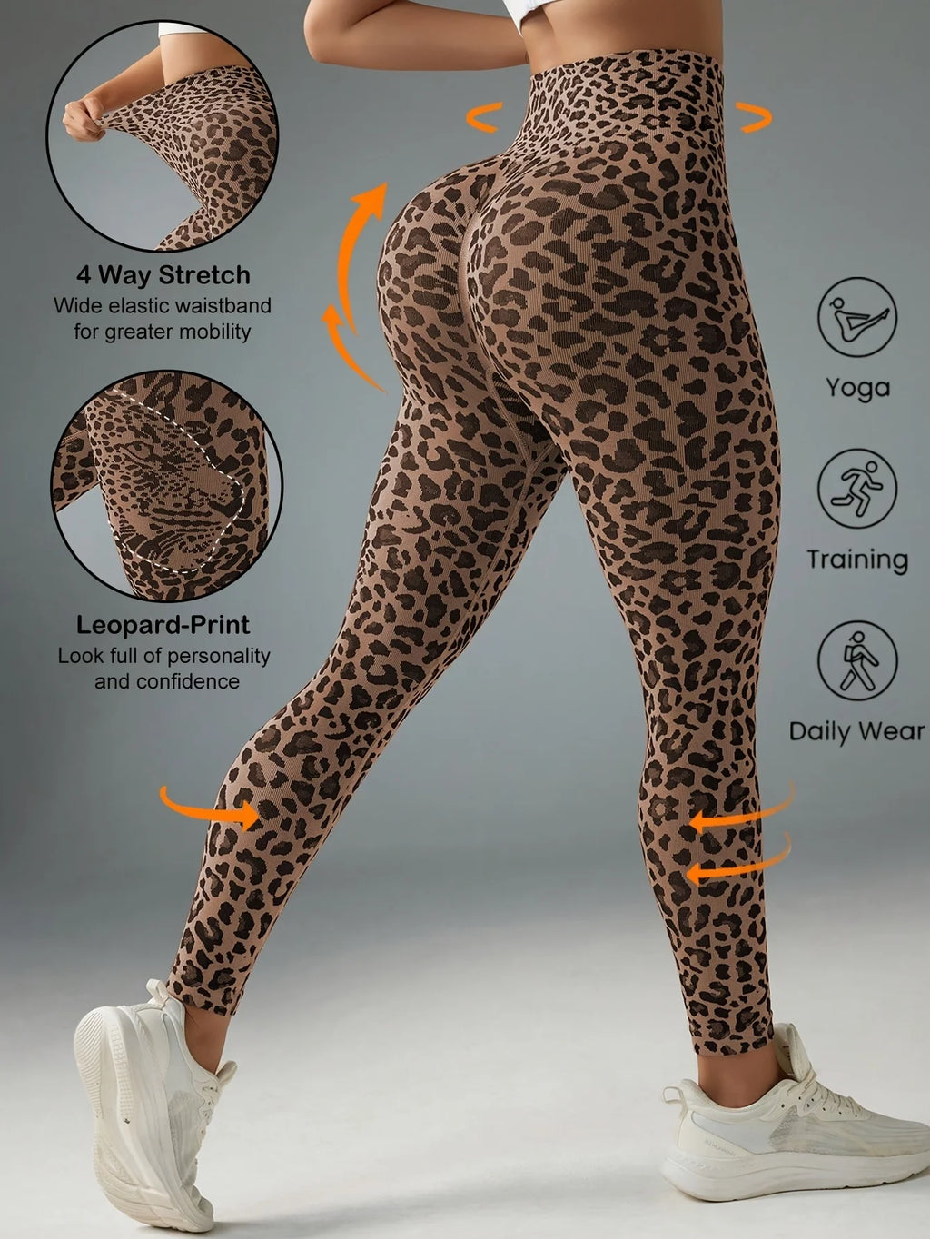 Women Mid‑Rise Fleece Lined Leggings Grey Leopard Print Slim Stretchy Warm Yoga Workout Pants