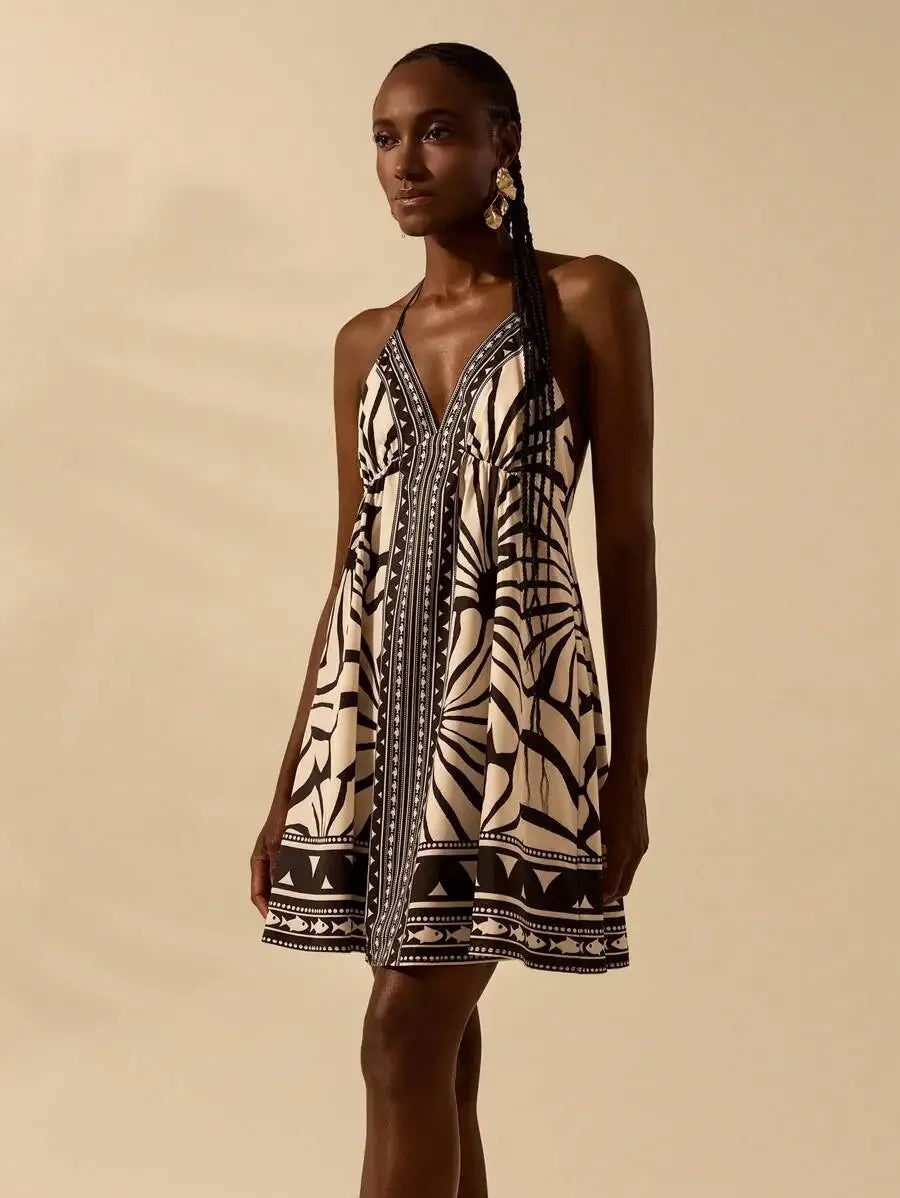 Womens Boho Tropical Black & Beige Print V-Neck Sleeveless Backless Mini Dress Beach Vacation Casual Summer Sundress
