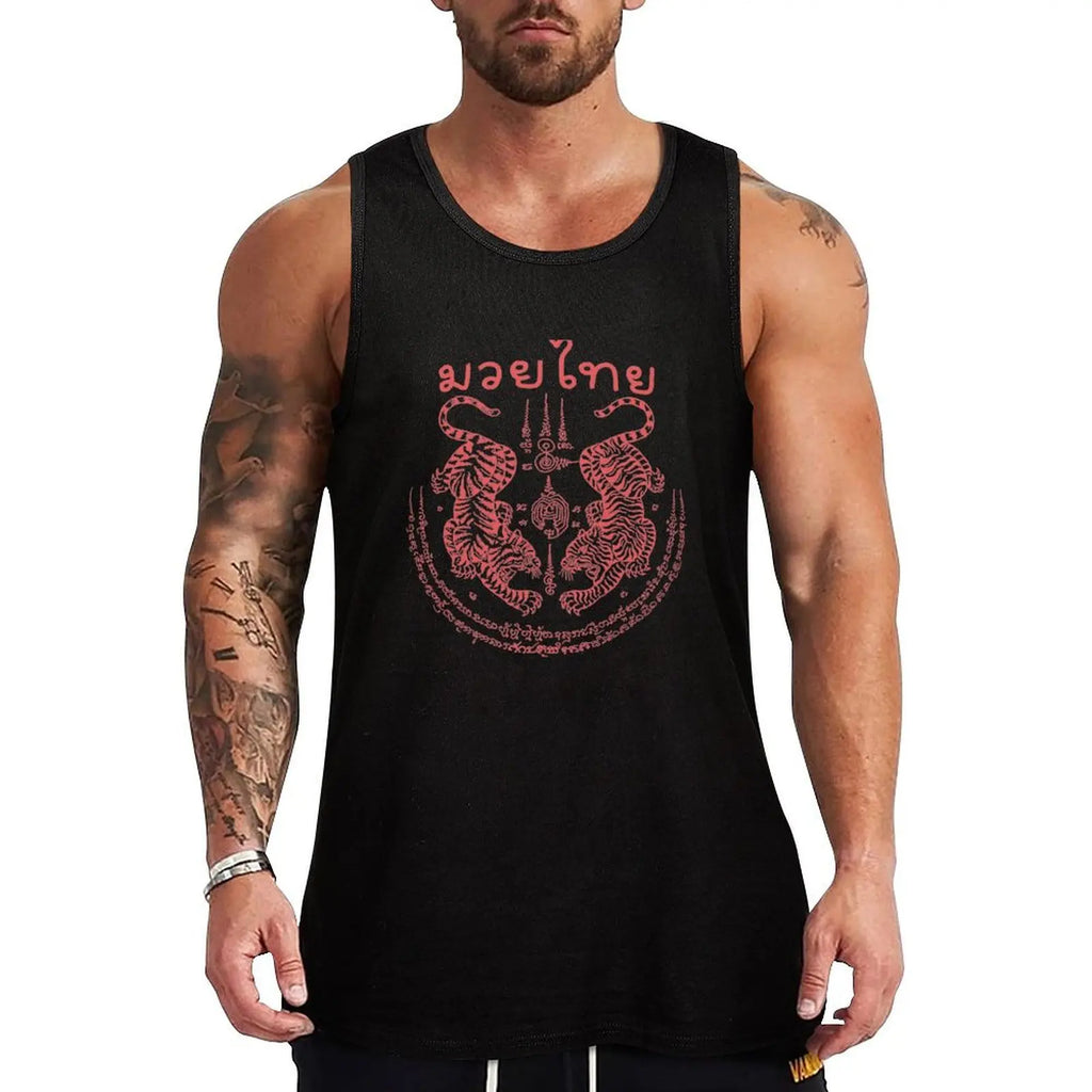 Muay Thai with Thai traditional art of Talisman Tiger Leap (Tiger pairs) Tank Top Men's clothing brands Man clothes for gym