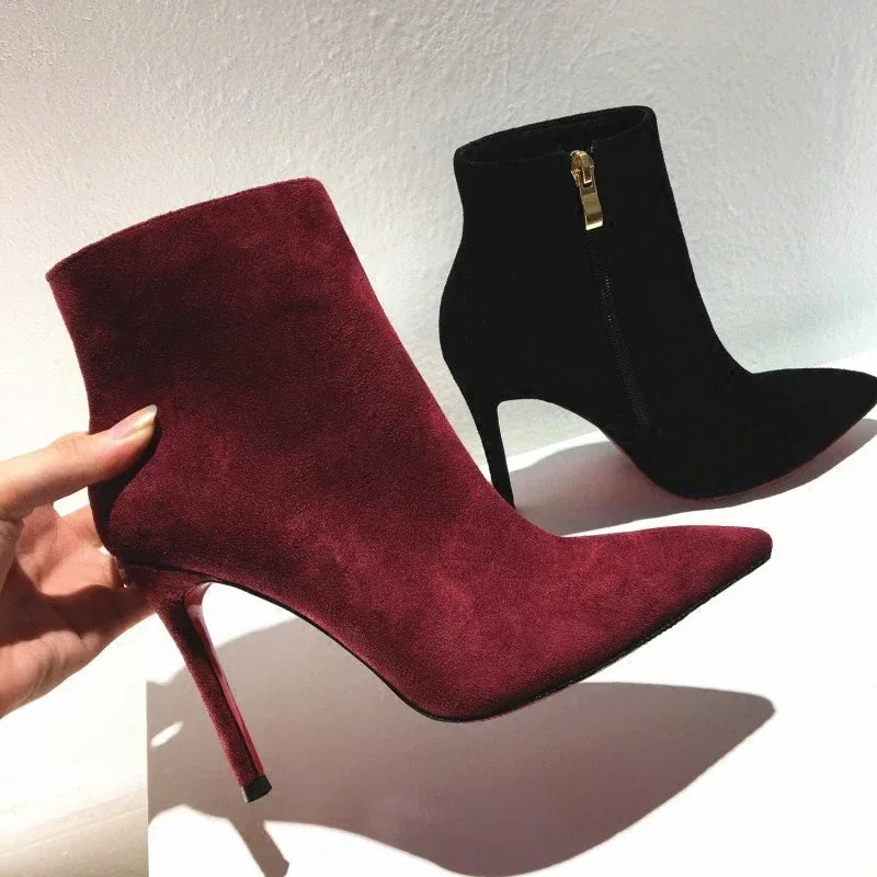 high heeled short boots  fashionable and sexy soft leather pointed thin heel side zipper and bare boots