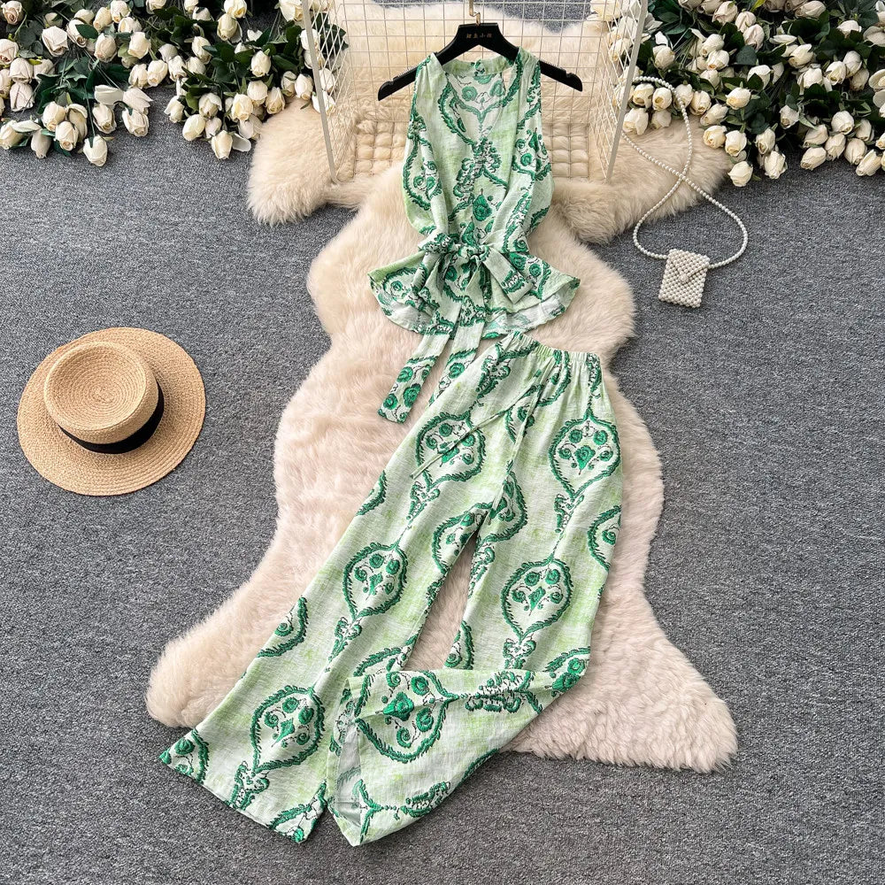SINGREINY Boho Print Vacation Suits Summer 2026 Sleeveless Lace Up Tank Top+Loose Wide Leg Pant Chic Lazy Casual Women 2pcs Sets