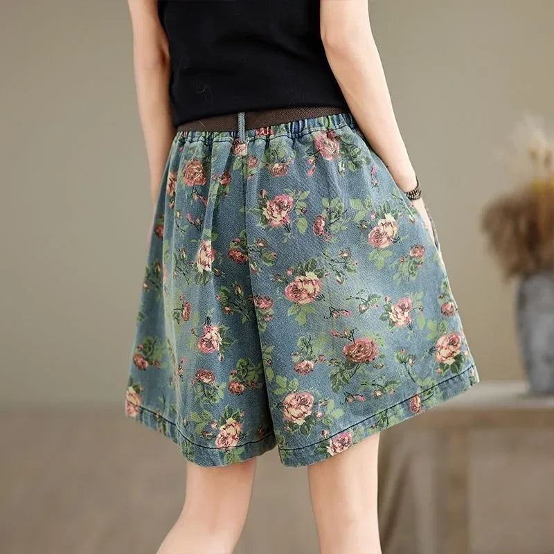 Retro Floral Printed Denim Wide-leg Shorts Women Summer Latest Fashion Baggy Big Size Girl Thin Elastic Waist Jean Short Pants