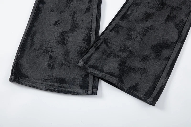 Men's Tie Dye Flared Denim Jeans Washed Handmade Brushed Wax Coating Casual Jean Pants Y2k Streetwear Slim Fit Bootcut Pants