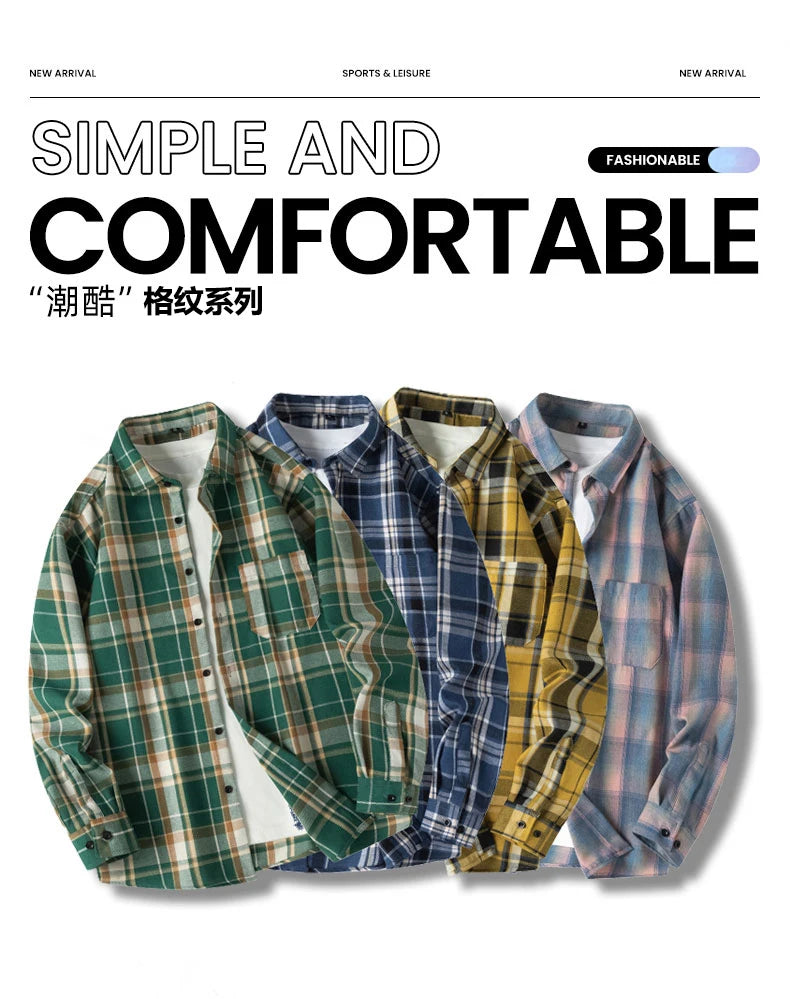 Men Shirt Plaid FlannelLong Sleeve Blue Loose Mens Casual Shirt Oversized Spring Autumn Comfortable Male Soft Dress Shirt