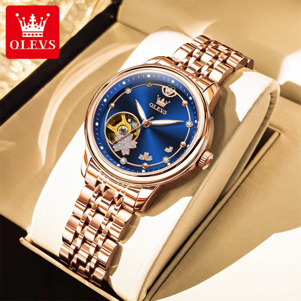 OLEVS 6732 Women's Watches Elegant Rose Gold Stainless Steel Hollowed Diamond Dial Automatic Mechancial Watch Gift Box for Women