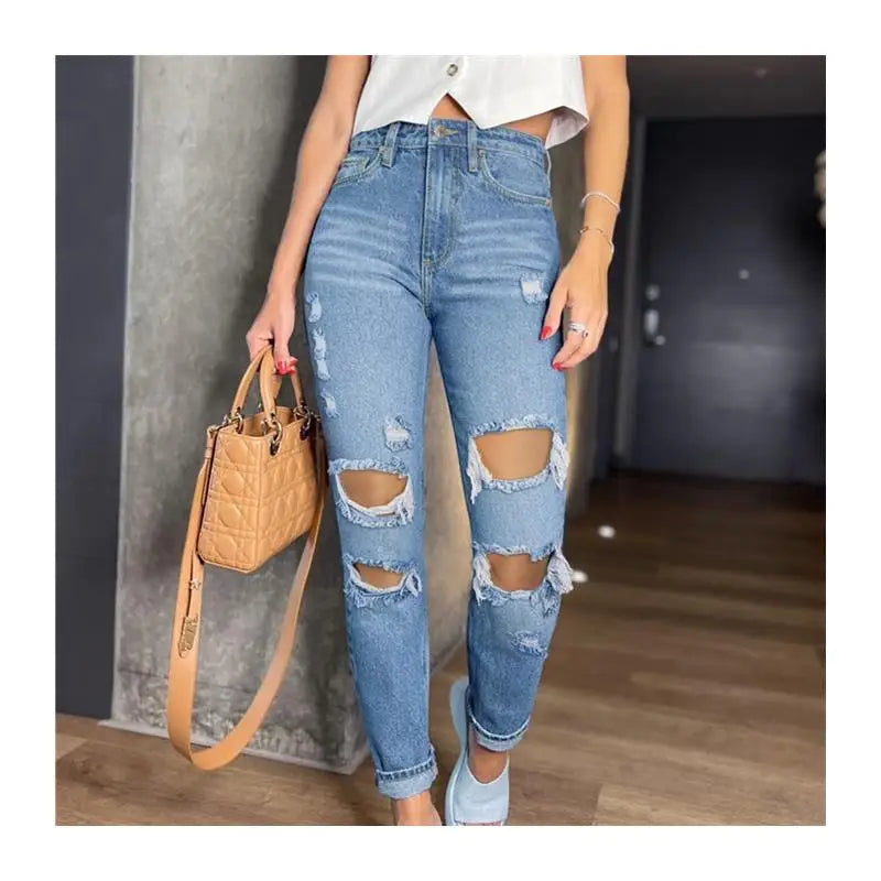 Summer New Casual Washed Street Style Women's Jeans Straight Leg Hole Punching Denim Pants Long Blue Color Fashion Ladies