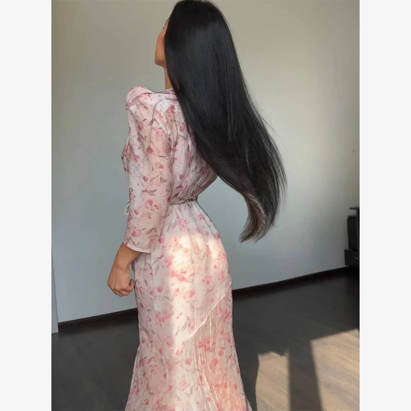 Women Floral Print Short Sleeve Maxi Dress Fashion V-neck Ruffle Trim Belted Slit Hem Dresses Casual Lady Daily Vacation Gowns