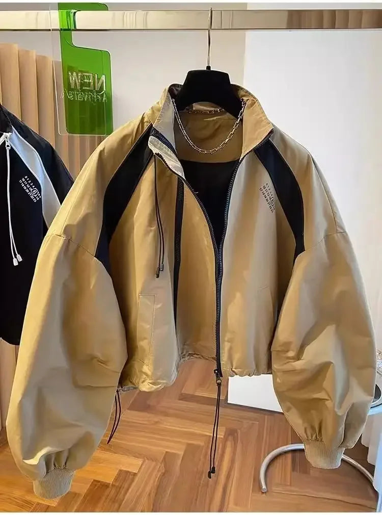Retro Street INS Style Double Zipper Women's Stand Up Collar Jacket Spring and Autumn Casual Loose Y2k Long Sleeve Top Coat