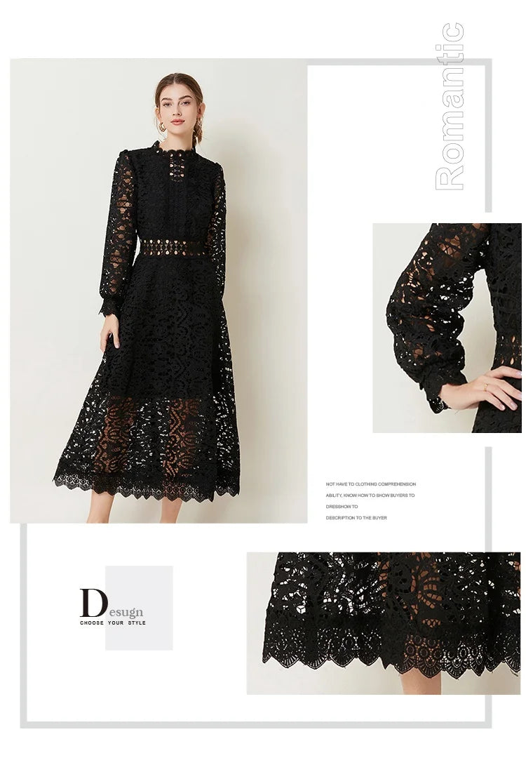 Solid Lace Holloe Out Slimming Elegant Dresses For Women Stand Collar Long Sleeve High Waist Minimalist Dress Female Fashion