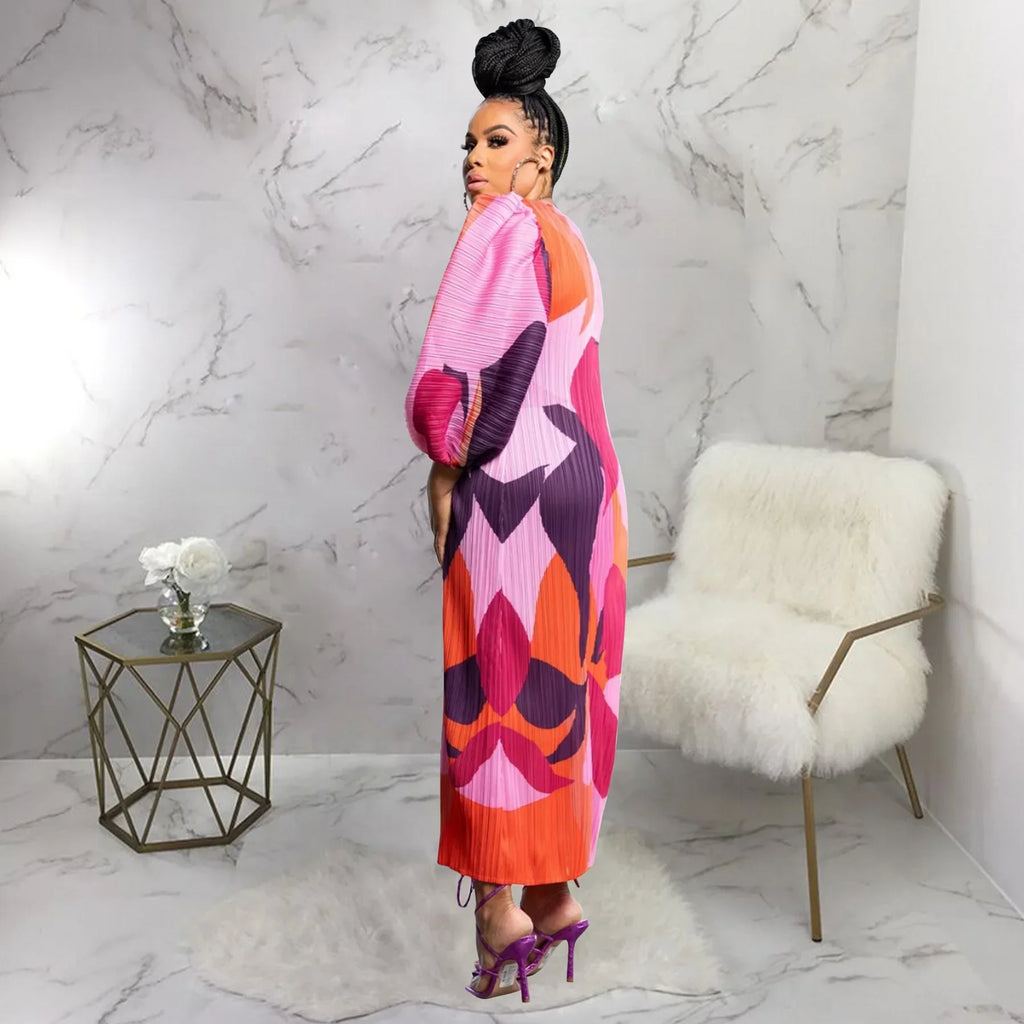 Elegant Women Pleated Half Lantern Sleeve O-neck Slim Maxi Long Dress Print Fashion Autumn 2025 Ruched Dresses Vestidos
