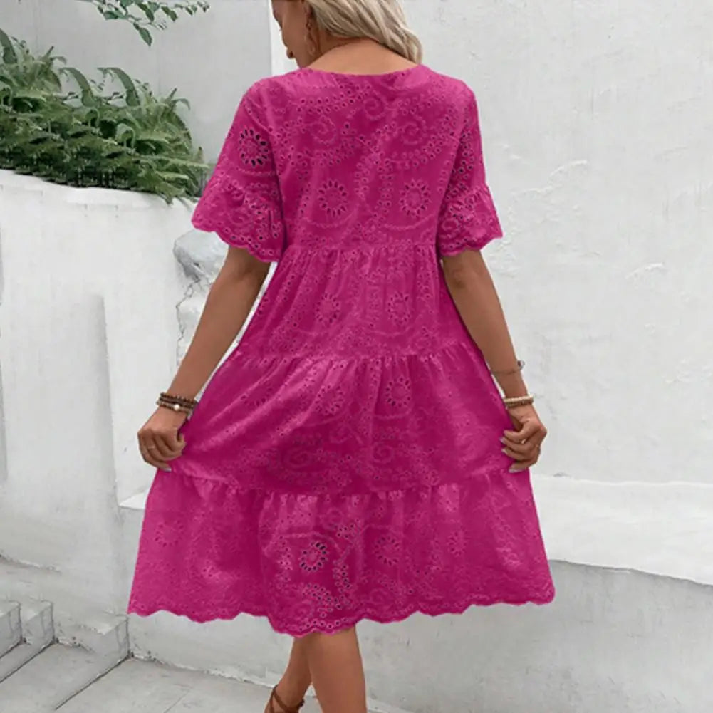 Summer Women Dress Hollow Out O Neck Short Sleeves A-line Pleated Solid Color Big Swing Embroidery Vacation Beach Midi Dress