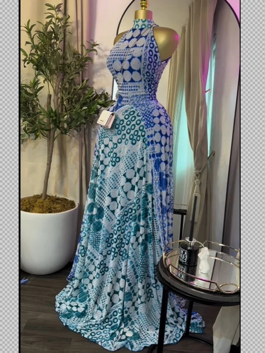 sexy Women Printed Sleeveless with Sashes Fit and Flare A-line Maxi Dress 2026 Streetwear Beach Holiday Long Dresses Vestido