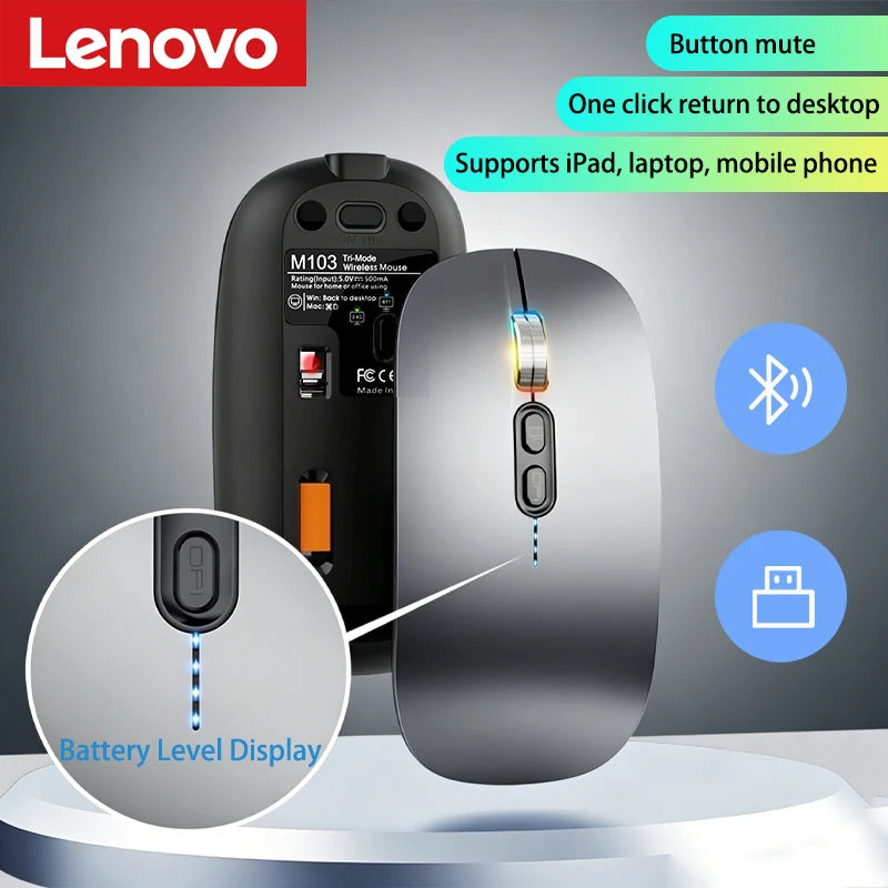 Lenovo Ultra-thin Dual Modes Wireless Mouse 2.4G USB and Bluetooth Power Display Ergonomic Rechargeable Silent Mice PC Laptop