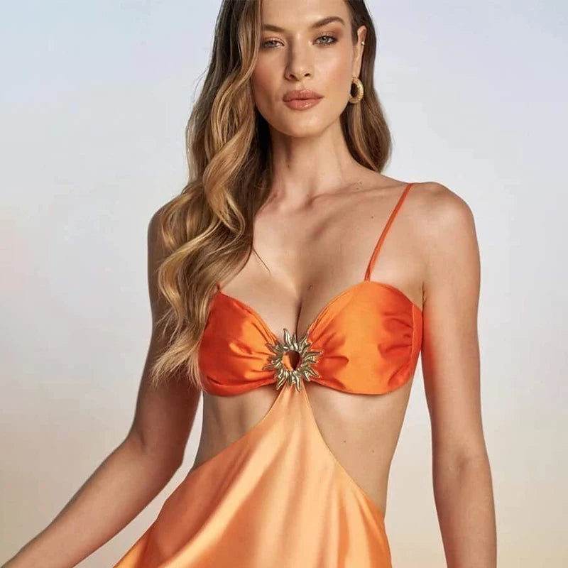 Charming Gradient Hollow out Suspender Dress Backless Irregular Long Holiday Style for Women Sweet Party Boho Beach Robe