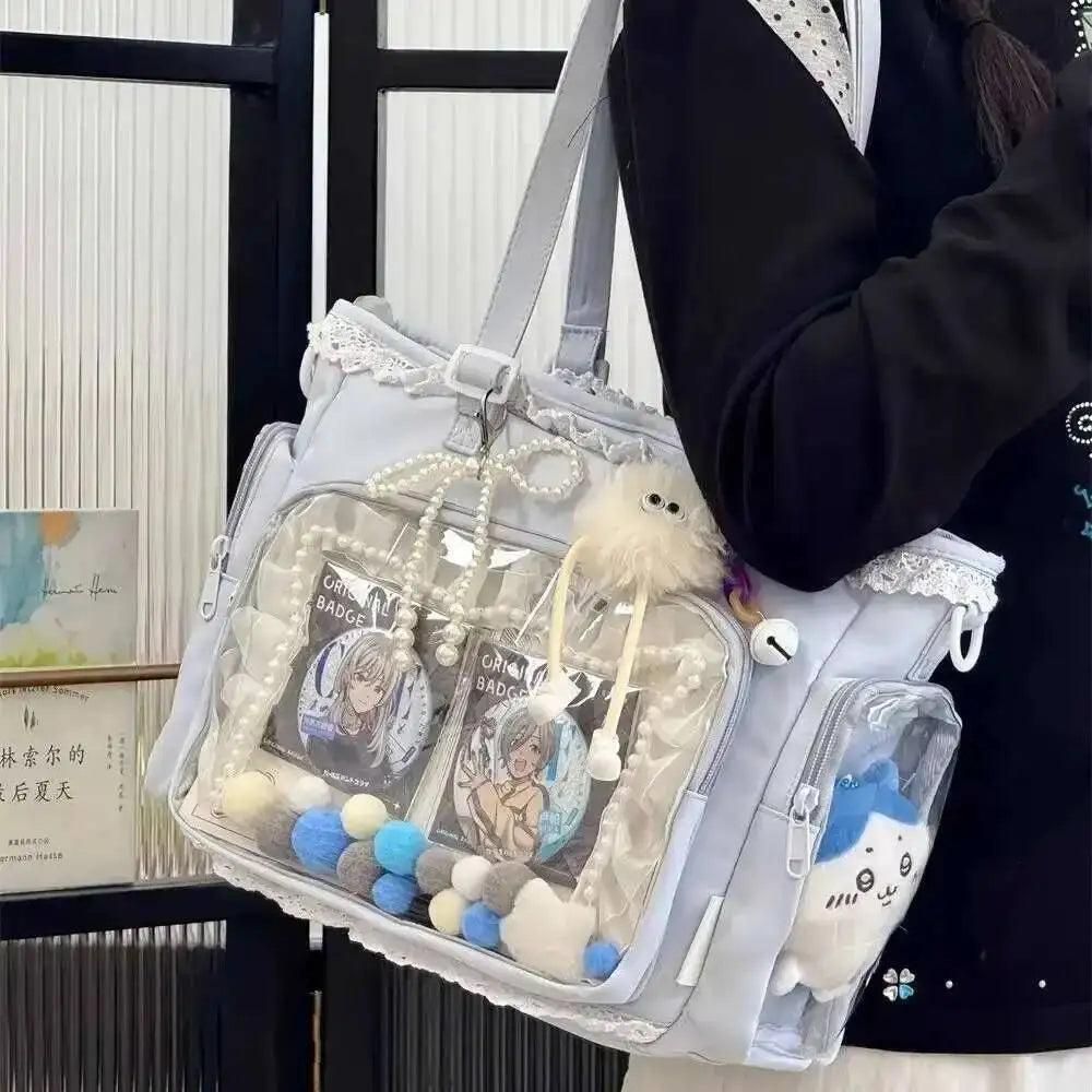 Japanese Sweet Women Ribbon Ita Bag Fashion Large Capacity Tote Bag Aesthetic Shoulder Bag Cute Lolita Girl Transparent Handbags
