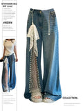 2025 Autumn Winter Women's Denim Pants Mesh Patchwork Y2K Streetwear Baggy Jeans Grunge Japanese Harajuku Cowboy Tide Designer