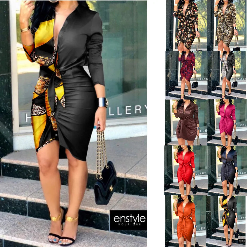 Summer Autumn New Elegant Ladies's Dress 2024 V-neck Strap Solid Color Elastic Waist Bag Hip Printed Long Sleeve Shirt Dress