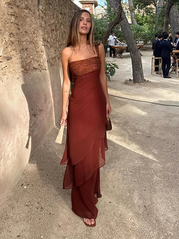 Elegant Patchwork Women's Dress Sleeveless Cascading Ruffle Skew-Collar Lady Long Dresses 2026 Summer Chic Female Vacation Robe