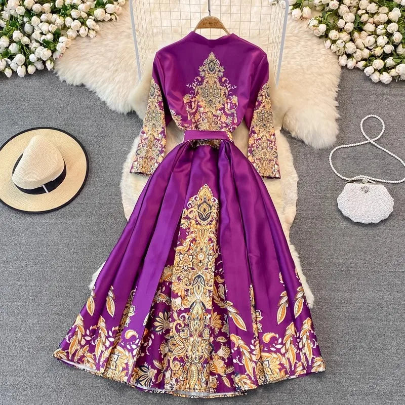 JAMERARY Elegant Luxury Flower Print Paisley Midi Autumn Dress Women's V Neck Laces Up Belt Midi Robe Party Vestidos