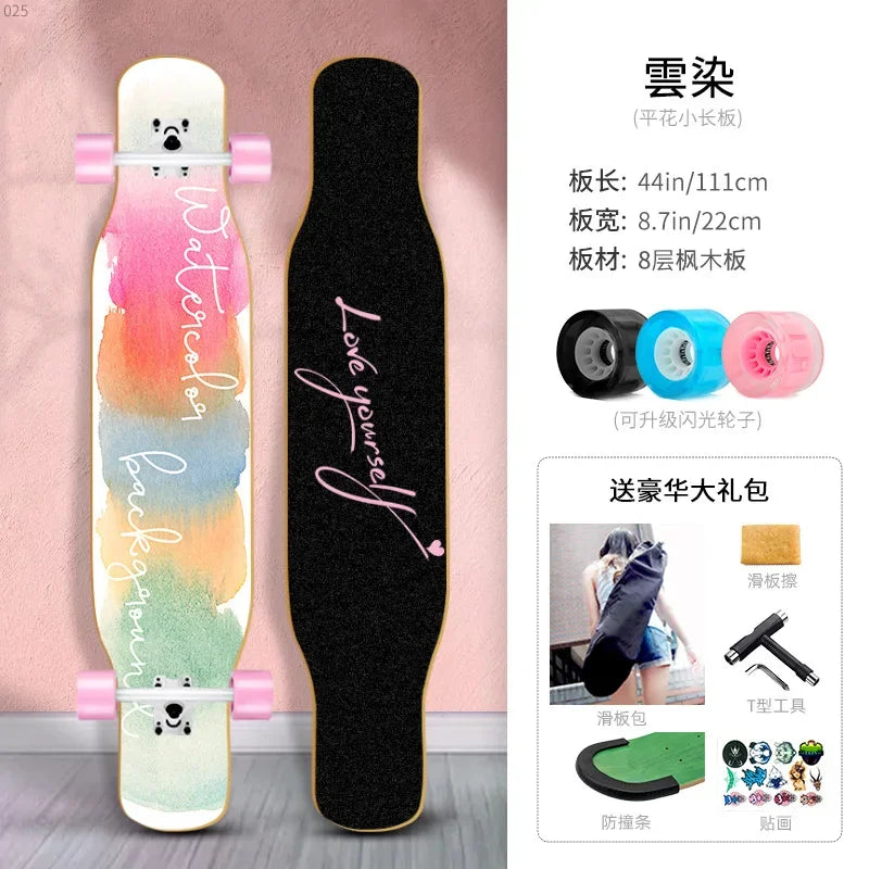 Longboard Beginner Boys and Girls Adult Professional Double Dancing Board 44in Teen Maple Quad