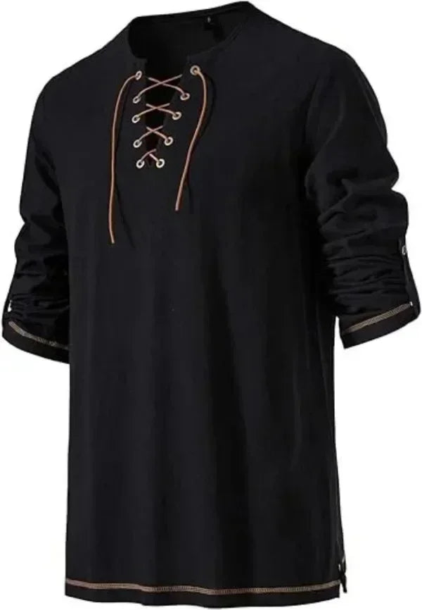 Men Medieval Lace Up Linen Long Sleeve Tunic Viking Pirate Renaissance Cosplay Shirt With Vintage Embossed Leather Belt