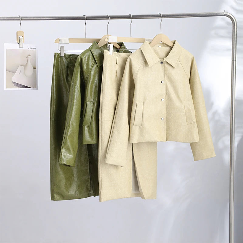 Women's Skirt Sets Crocodile Faux Leather Lapel Long Sleeve Button Oversized Jackets Straight Skirts Autumn Female Loose Outfits