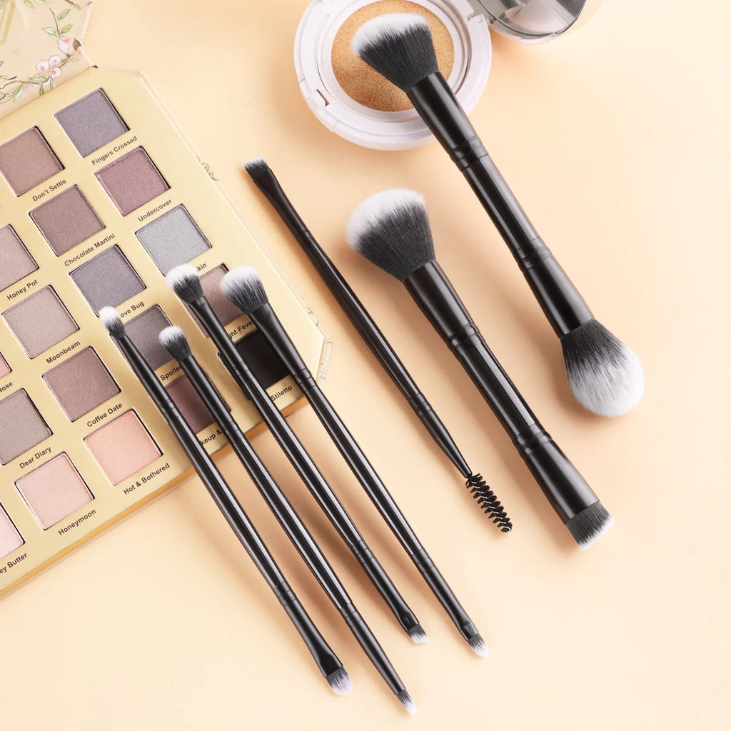 7 double-ended makeup brushes, loose powder brush, foundation brush, eyeshadow brush, eyebrow brush, soft hair beauty tool.