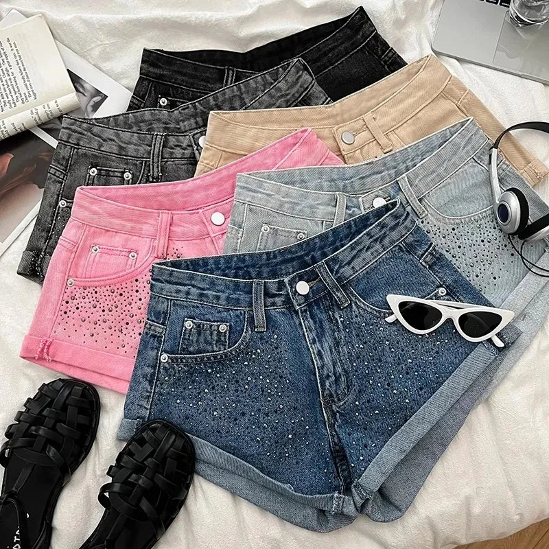 Retro Fashion Rhinestone Denim Shorts Women Pink Summer New A-Line Wide Leg Jeans Ultra Short For Hot Girls Bottoms
