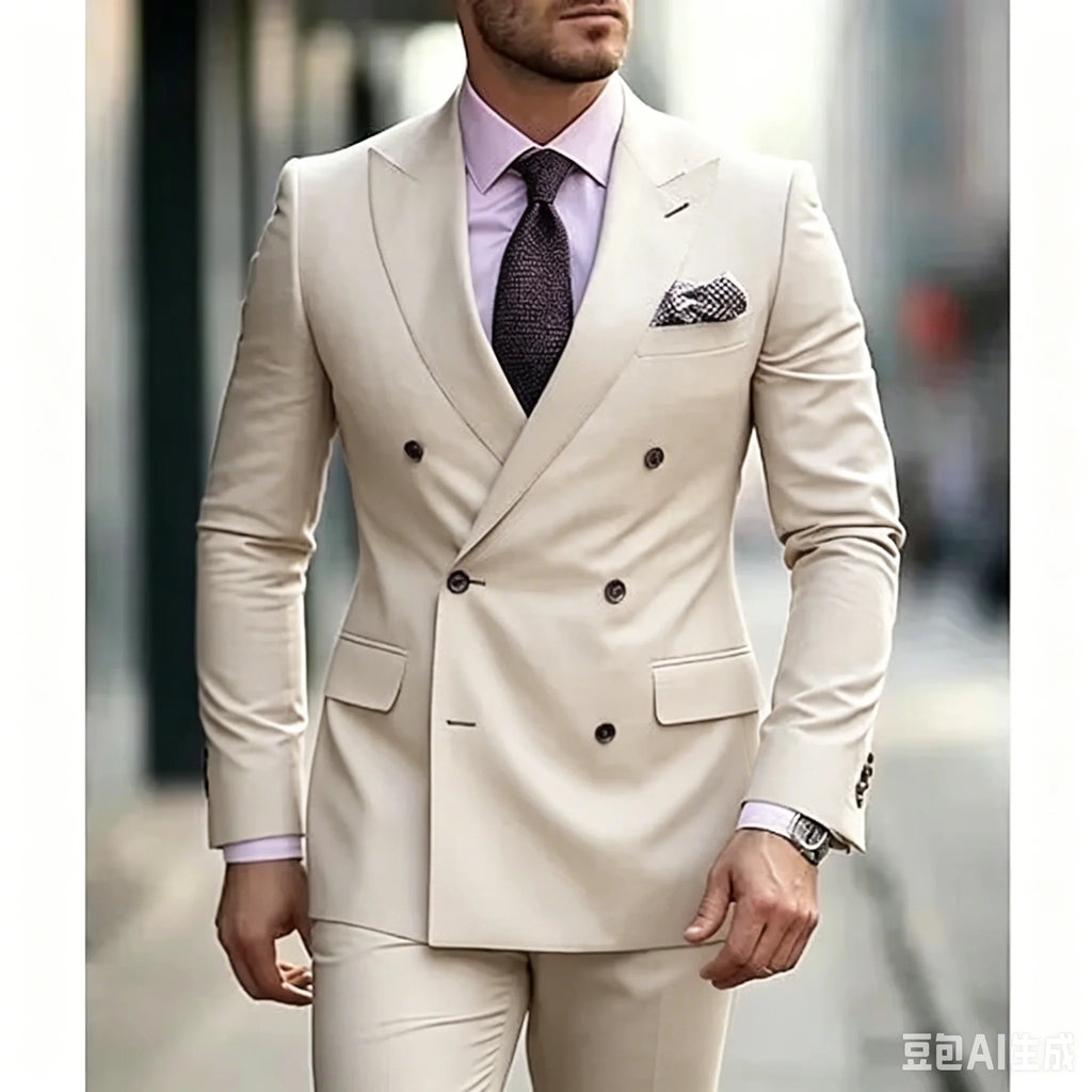 Men's Suits Solid 2 Pieces Plus Size Wedding Daily Business Formal Men Suits Tailored Silm Fit Double Breasted 6 Buttons