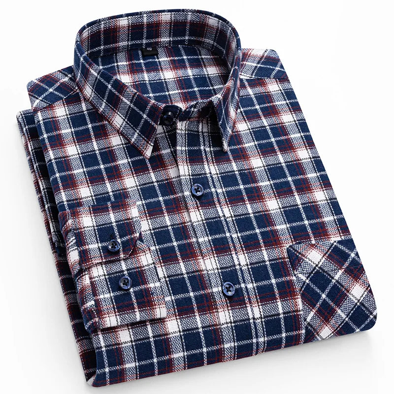 Classic Retro Plaid Flannel Shirt Long Sleeve 100% Cotton Fashion Casual Soft Spring Autumn Winter Standard Pocket Men's Shirt