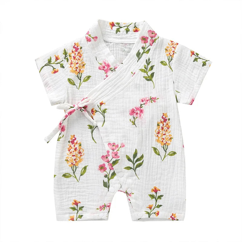 0-18M Summer Baby Girl Boys Clothing  Rompers Jumpsuit Short-sleeved Floral Print  Cute Soft Newborn Infant Baby Kimono Playwear