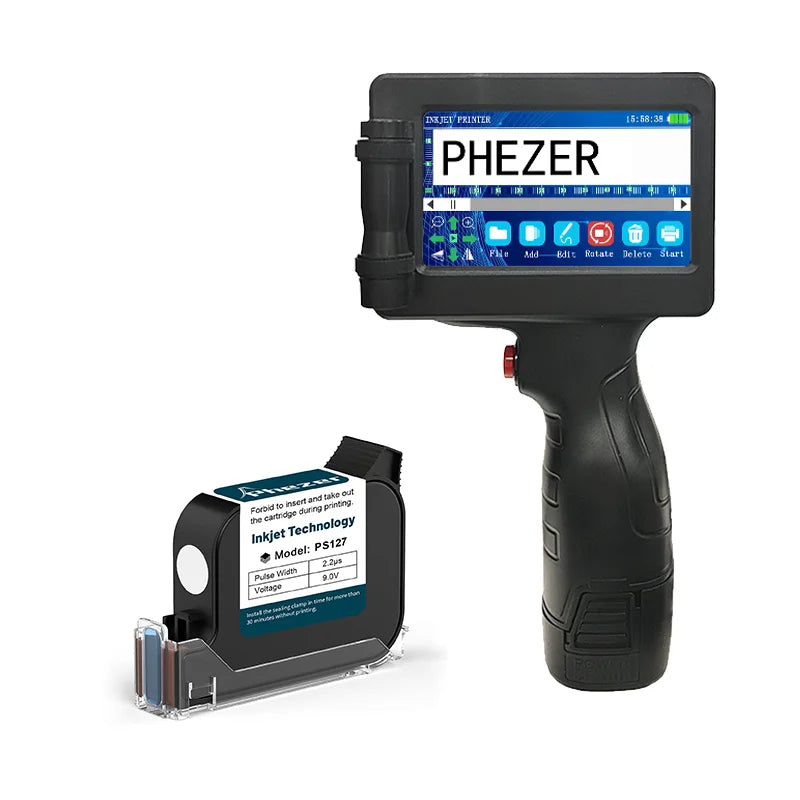 Phezer 1755 Handheld Inkjet Printer 12.7mm Portable Label Printing Machine Expiry Date Number QR Bar Code Logo Red Blue Black