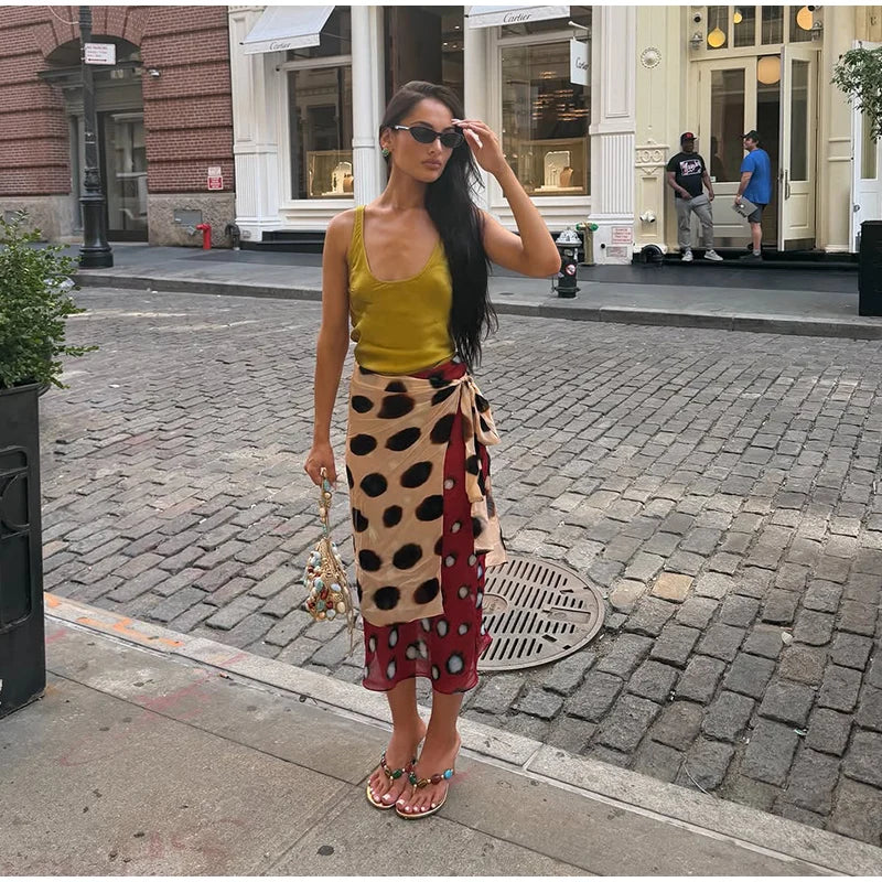 High Waist Wrap Tie Midi Skirt Color Block Abstract Floral Patchwork Print Flowy Satin Skirts 2026 Summer Holiday Boho Chic Wear