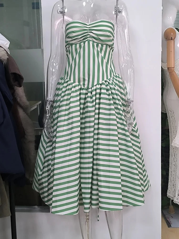 Fashion Striped Strapless Slim Fitting Dress Women Lace Up Waist-cinching Chic Maxi Dresses 2026 New Birthday Party Evening Gown