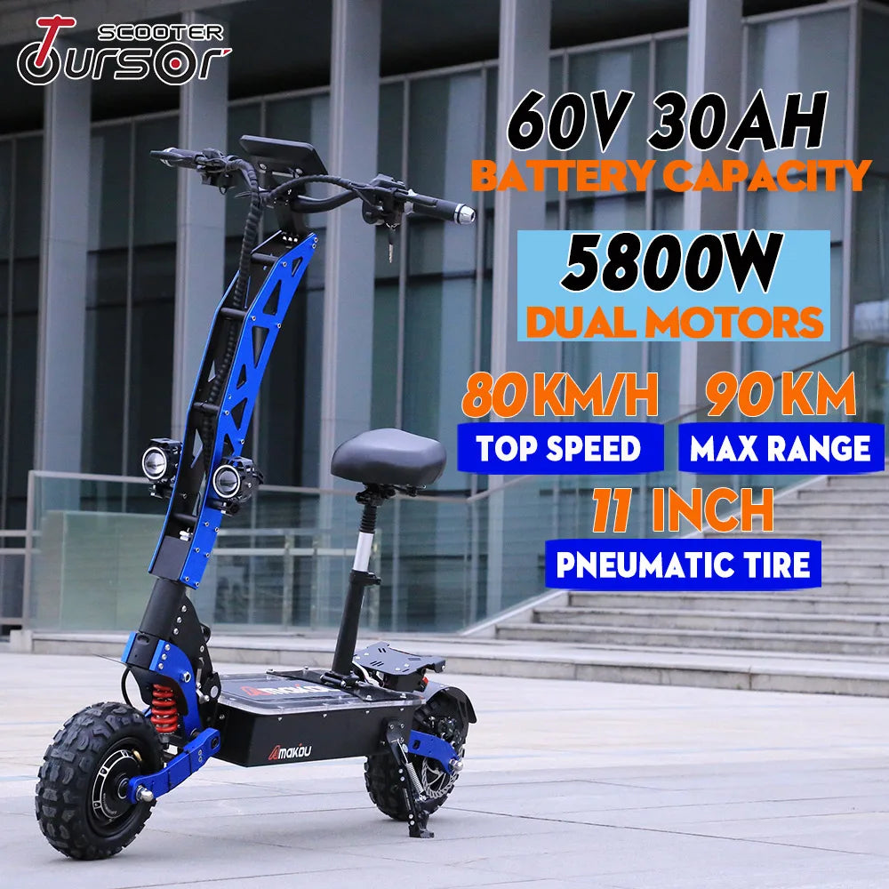 E8P 6000W Dual Motor 60V 40AH Electric Scooter 11 inch Off-Road Tyres with Seat Max Speed 85-90km/hLCD Display Foldable Escooter
