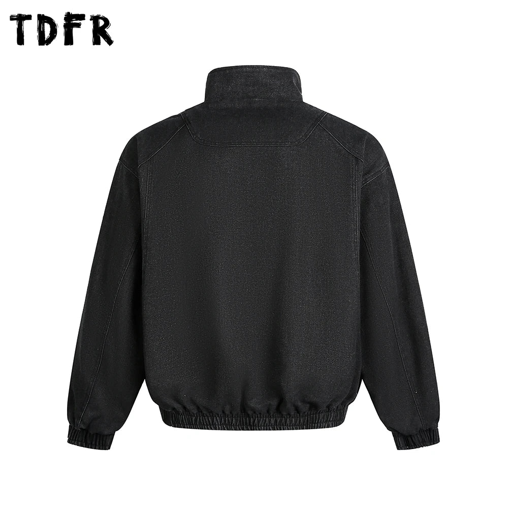 Spliced Denim Jacket Mens Washed Distressed Retro Casual Loose Long Sleeve Stand Collar Pocket Outerwear Man