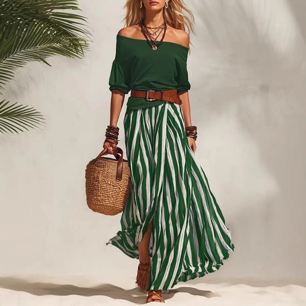 Women Multiple Colors Off Shoulder Puff Sleeve Top Vertical Stripe Flowy Maxi Skirt 2 Piece Outfit Loose Casual Vacation Set