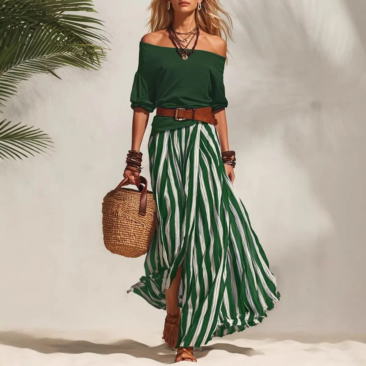 Women Multiple Colors Off Shoulder Puff Sleeve Top Vertical Stripe Flowy Maxi Skirt 2 Piece Outfit Loose Casual Vacation Set