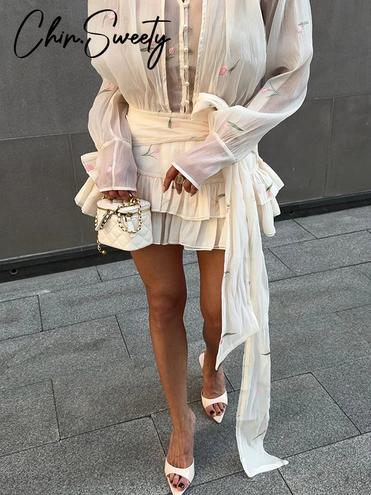 Elegant Printed Women's Dress Long Sleeve V-Neck Ruffle Waist-Closed Lady Mini Dresses 2026 Summer Female Vacation Robe New