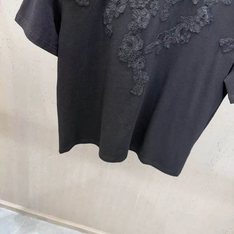 New 2026 Summer Women Casual T Shirts Short Sleeve Spliced Lace Embroidery Solid Color Ladies Fashion O Neck Pullover Tees Tops