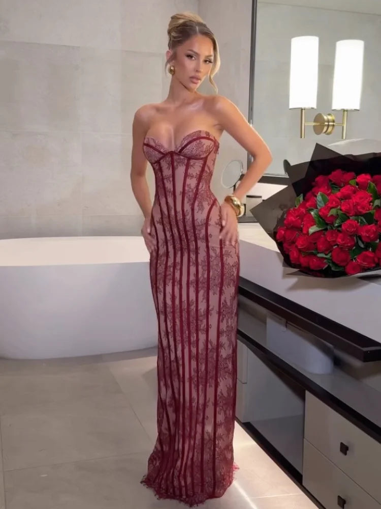 Chic Bold Strapless Gown Sexy Retro Lace Corset Women's Dresses Spicy Girls Parties Trendy Romantic Designers Female Outfits