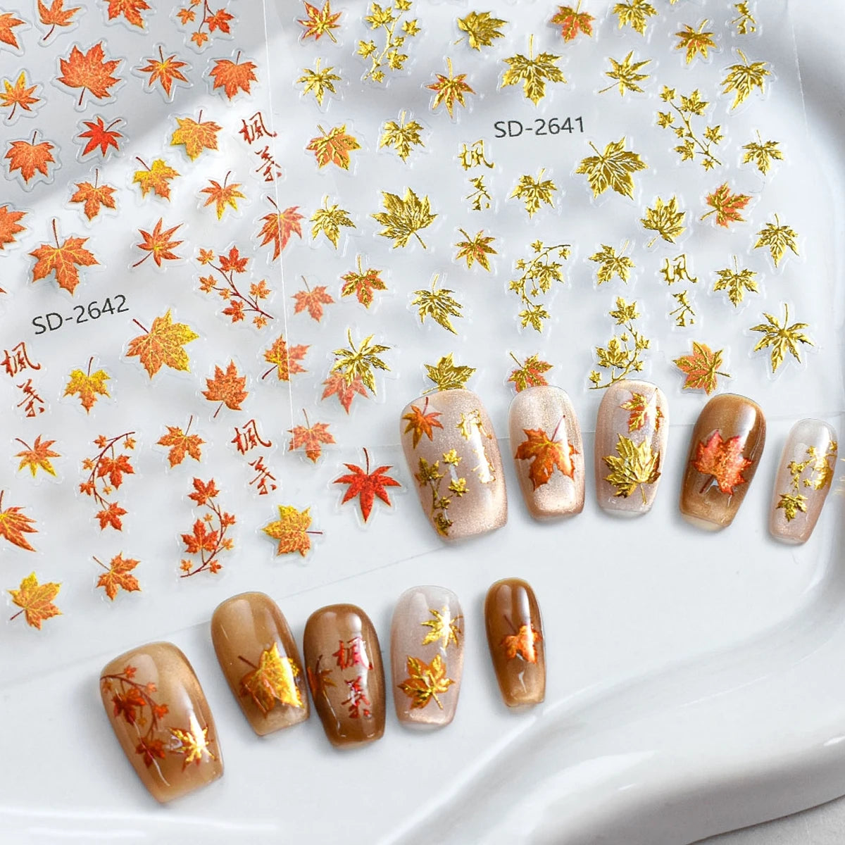 3 to 30 Sheets Autumn Maple Leaves Nail Stickers 5D Embossed Gold Foil Fall Leaf for Nails, Self-Adhesive DIY Manicure Art