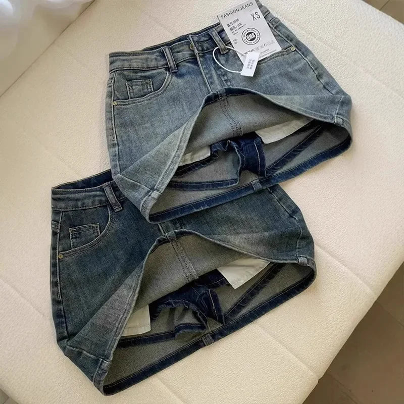 Sexy Retro Denim Skirt Women Anti-Light High Waist A-Line Slimming American Hot Girl Wrap Body Skirt Summer Fashion Mini Skirt