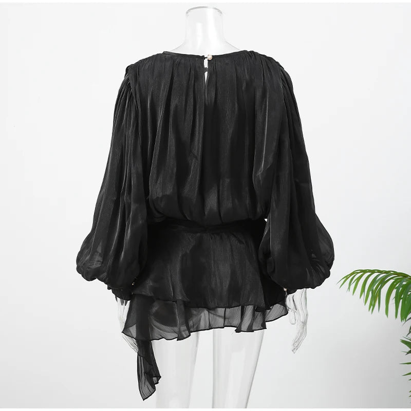 Female Fashion Long Flare Sleeves Lace Up Mini Dress Elegant Chiffon Ruffle High Waist Vestidos New 2025 Autumn Woman Party Wear