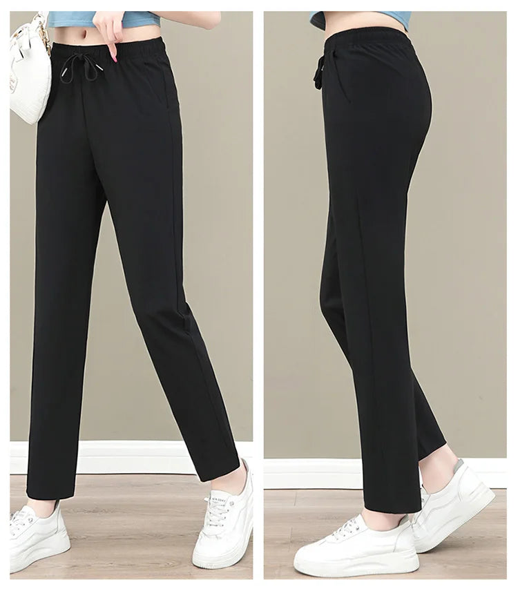 New Women'S Fashion Loose Summer Thin Ice Silk Pants Mom'S Casual High Waist Comfortable Versatile Sports 9-Point Trousers