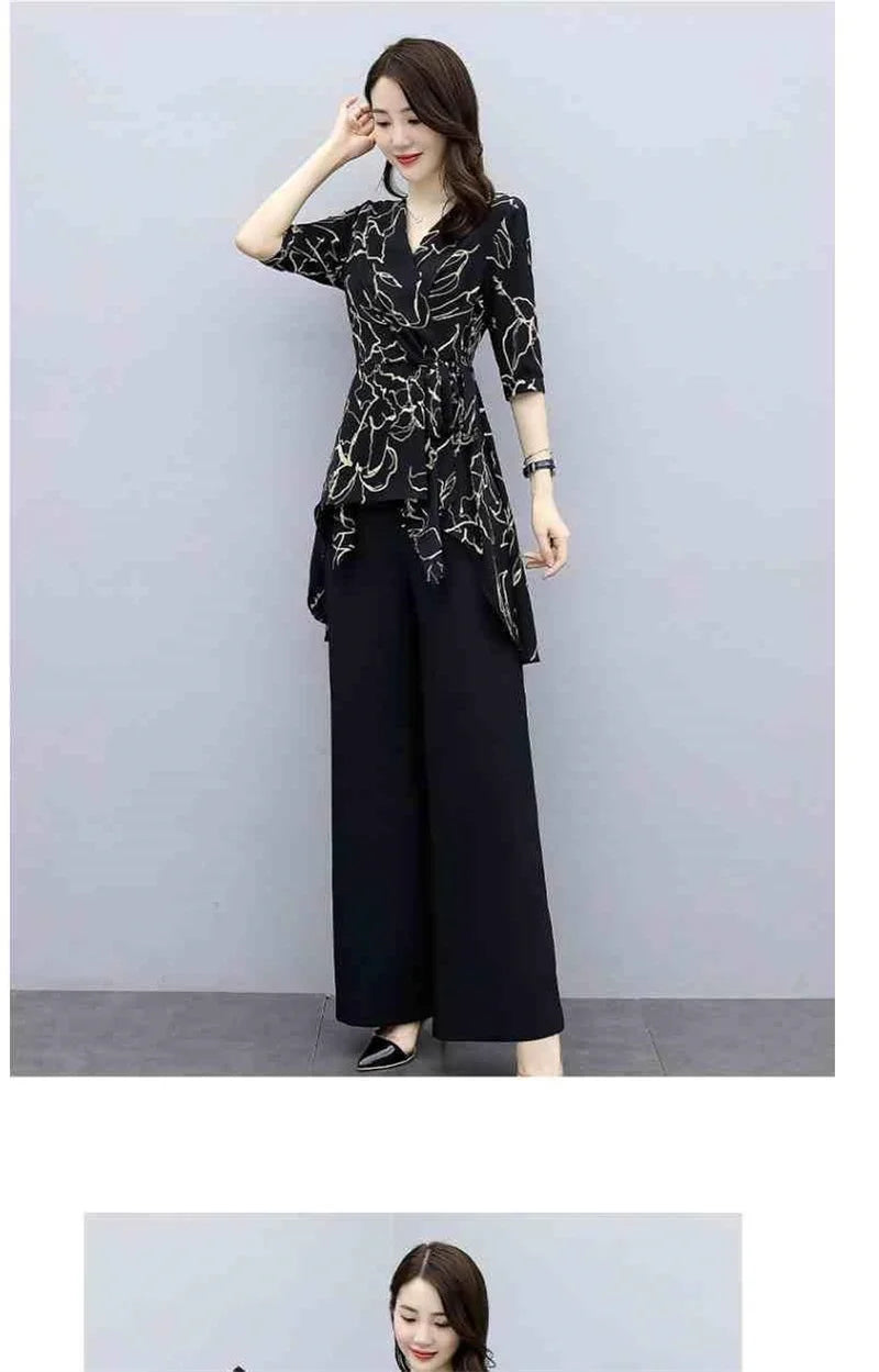 2 Piece Set Women Casual Fashion Printing Pants Suit Short Sleeve Tops +Wide Leg Pants 2 Piece Outfits Women White Set Summer4XL