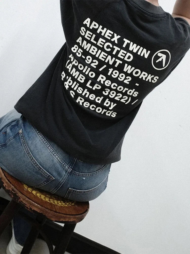 Men T-Shirt Aphex Twin Washed Black Print Short Sleeve Tops Cotton Graphic Oversized Korean Fashion Tees Y2k Streetwear Clothing