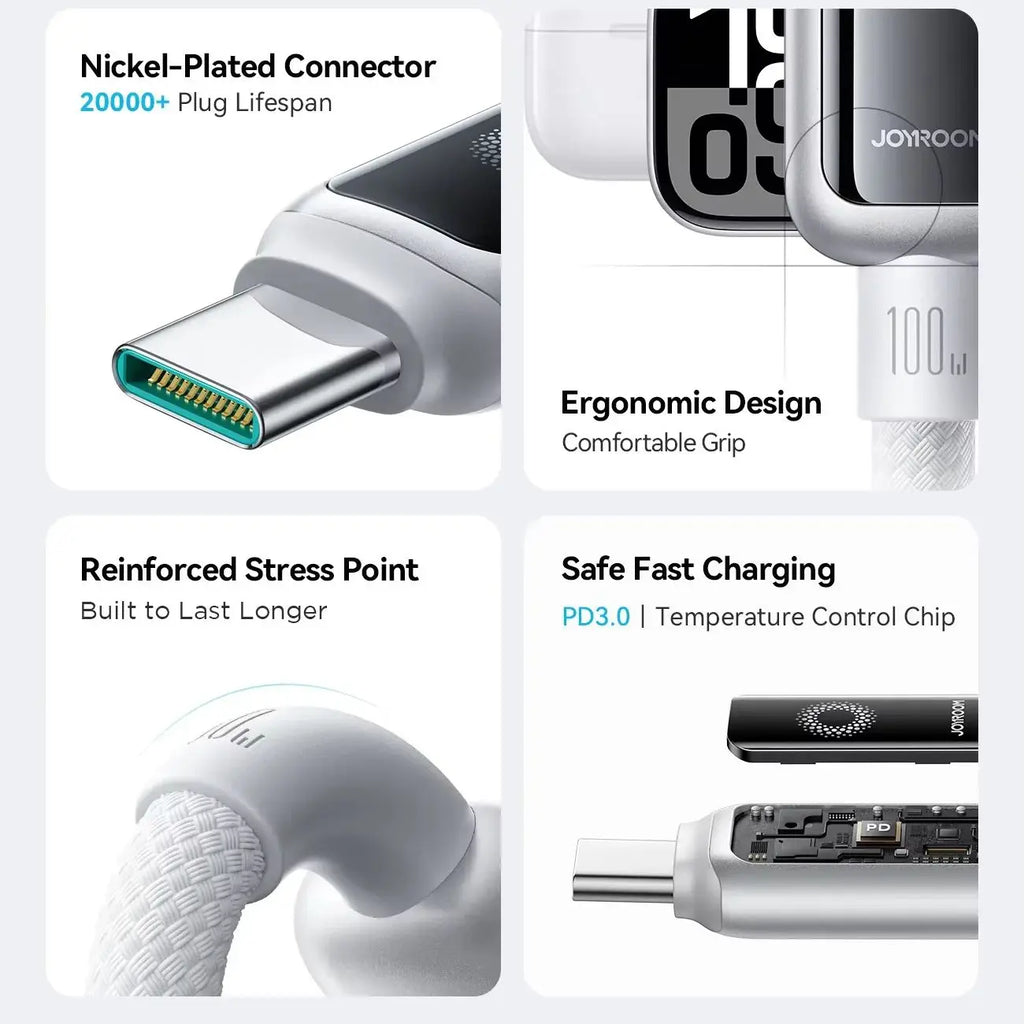 JOYROOM Smart Safe 100W PD Fast Charging Cable - USB-C with Auto-Shutoff, LED Indicator & Smart Chip for iPhone 17/16/15